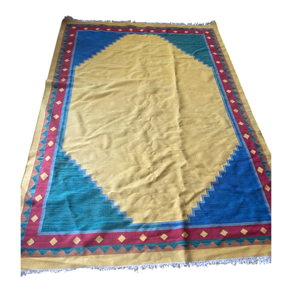 Vintage Turkish Dhurrie Kilim XL Rug Flat Weave 100% Wool Yellow Boho
